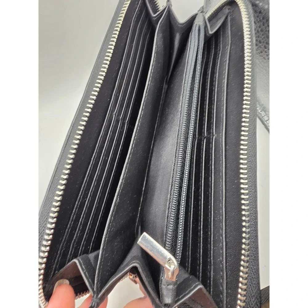 BCBGeneration Black Tonal Plaid Zip Around Wallet Silver Logo Bar Accordion